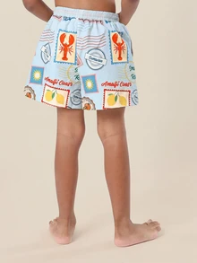 SUMWON Regular Boys Summer Beach Swim Shorts Postcard Print Drawstring Waist For Pool And Vacation - Baby Blue - View 3