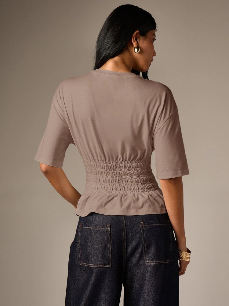 Shirred Waist Peplum Top Short Sleeves