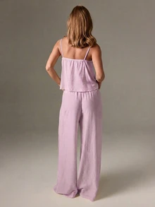 AiiRZ Women's Two Piece Pajama Set With Ruffle Detail Spaghetti Strap Camisole Top And Wide Leg Lounge Pants Sleepwear - Pink - View 2