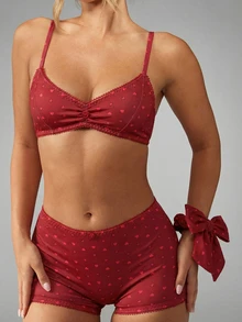 MISSGUIDED Heart Print Pull On Bra Boy Short Set Lingerie Valentine's Day Intimate Apparel - Red - View 3