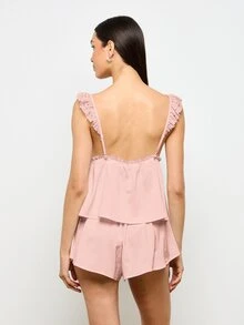 AiiRZ Bộ đồ ngủ ngắn hai dây bằng satin và ren dành cho nữ, cổ chữ V, dây đeo có bèo nhún, đồ mặc nhà, đồ ngủ ban đêm. - Hồng - Xem 2