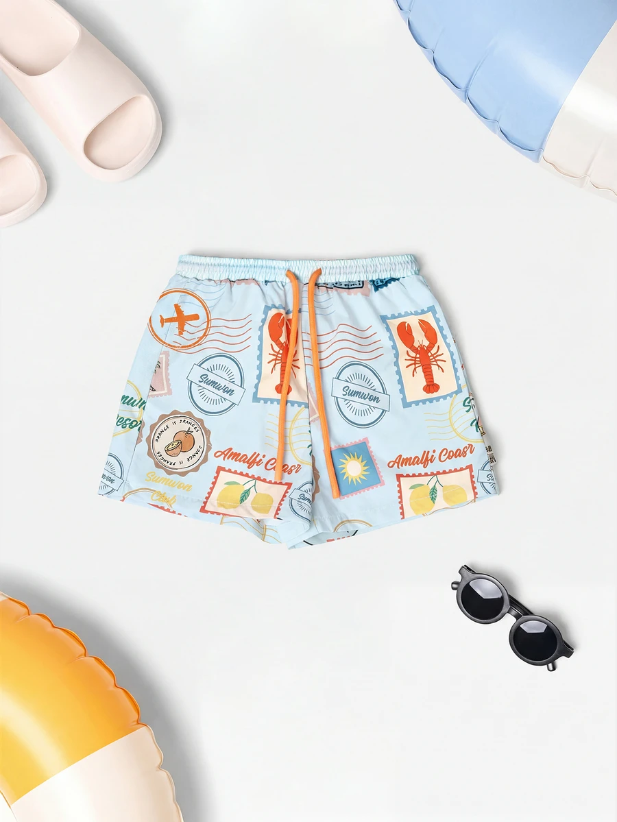 SUMWON Regular Boys Summer Beach Swim Shorts Postcard Print Drawstring Waist For Pool And Vacation - Baby Blue - View 1