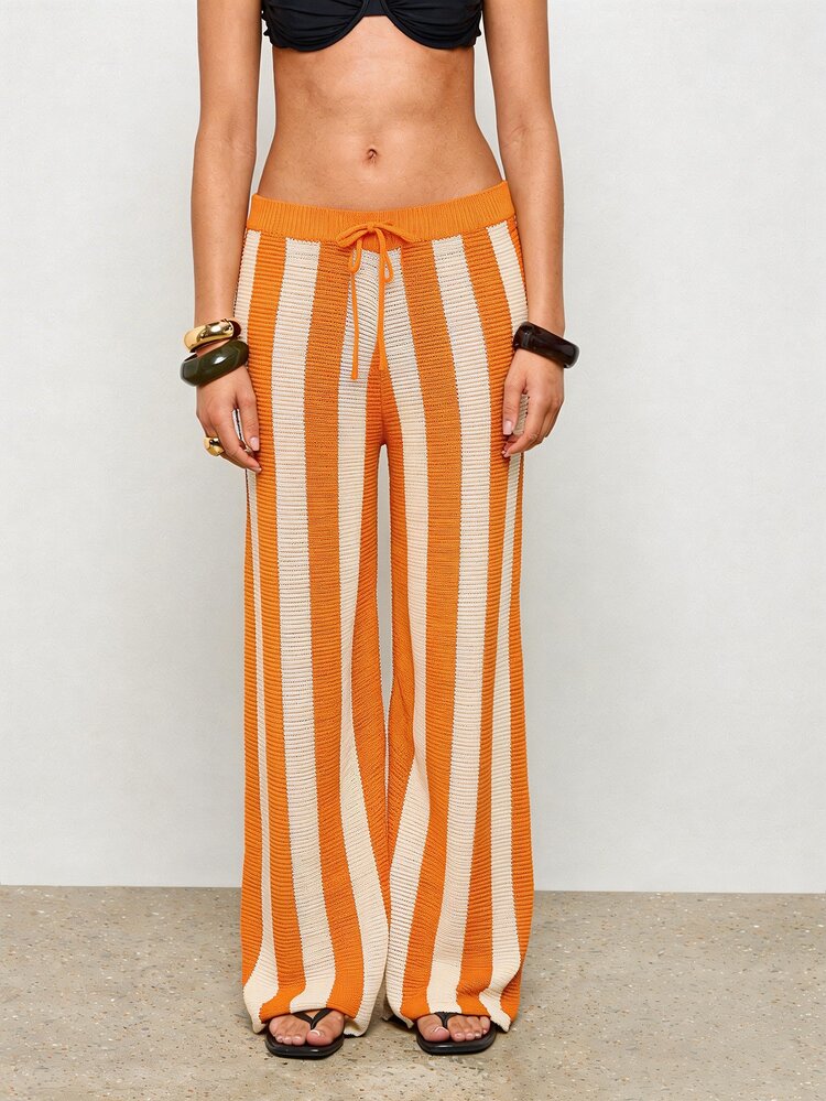 Striped Wide Leg Knit Pants With Drawstring
