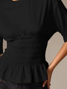 AiiRZ Camiseta con mangas cortas, cuello redondo, cintura fruncida y volante plisado blanco, camiseta básica de verano informal - Negro - Ver 5