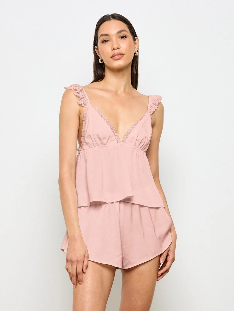 Satin And Lace Cami Short Pajama Set