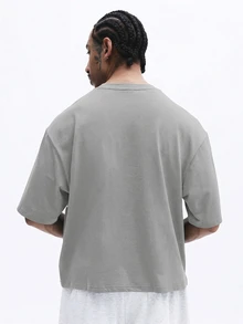 SUMWON Men Oversized Grey T Shirt With Contrast White Piping Detail Round Neck Short Sleeve Casual Top - Grey - View 2