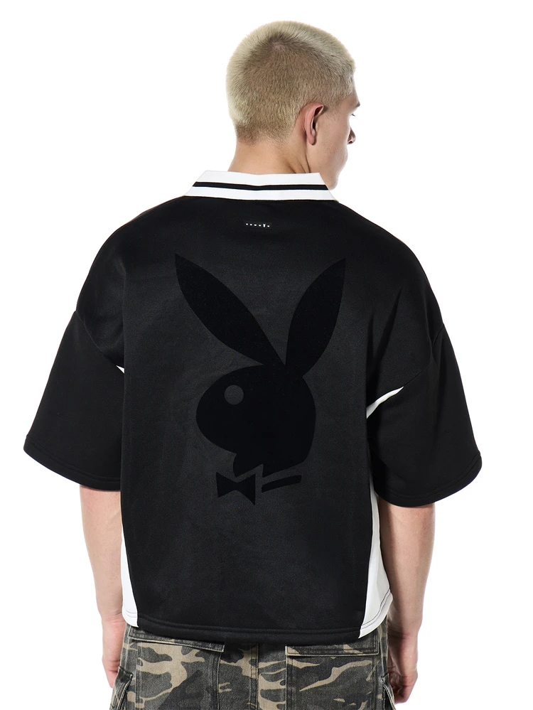 PLAYBOY X SUMWON Mens Oversized Crop Polo Shirt Point Collar Chest Graphic Print Design Casual Short Sleeve Summer Style