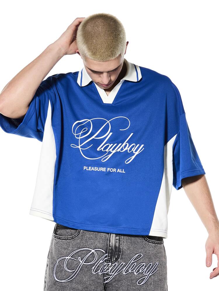 PLAYBOY X SUMWON Oversized Blue Polo Shirt White Script Print Contrast Collar Detail Short Sleeve Summer Top