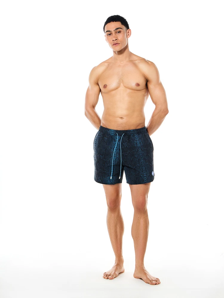 Drawstring Swim Trunks Mid Thigh Length Board Shorts Snake Print Pattern Summer Beach Vacation Pool Quick Dry Swimwear