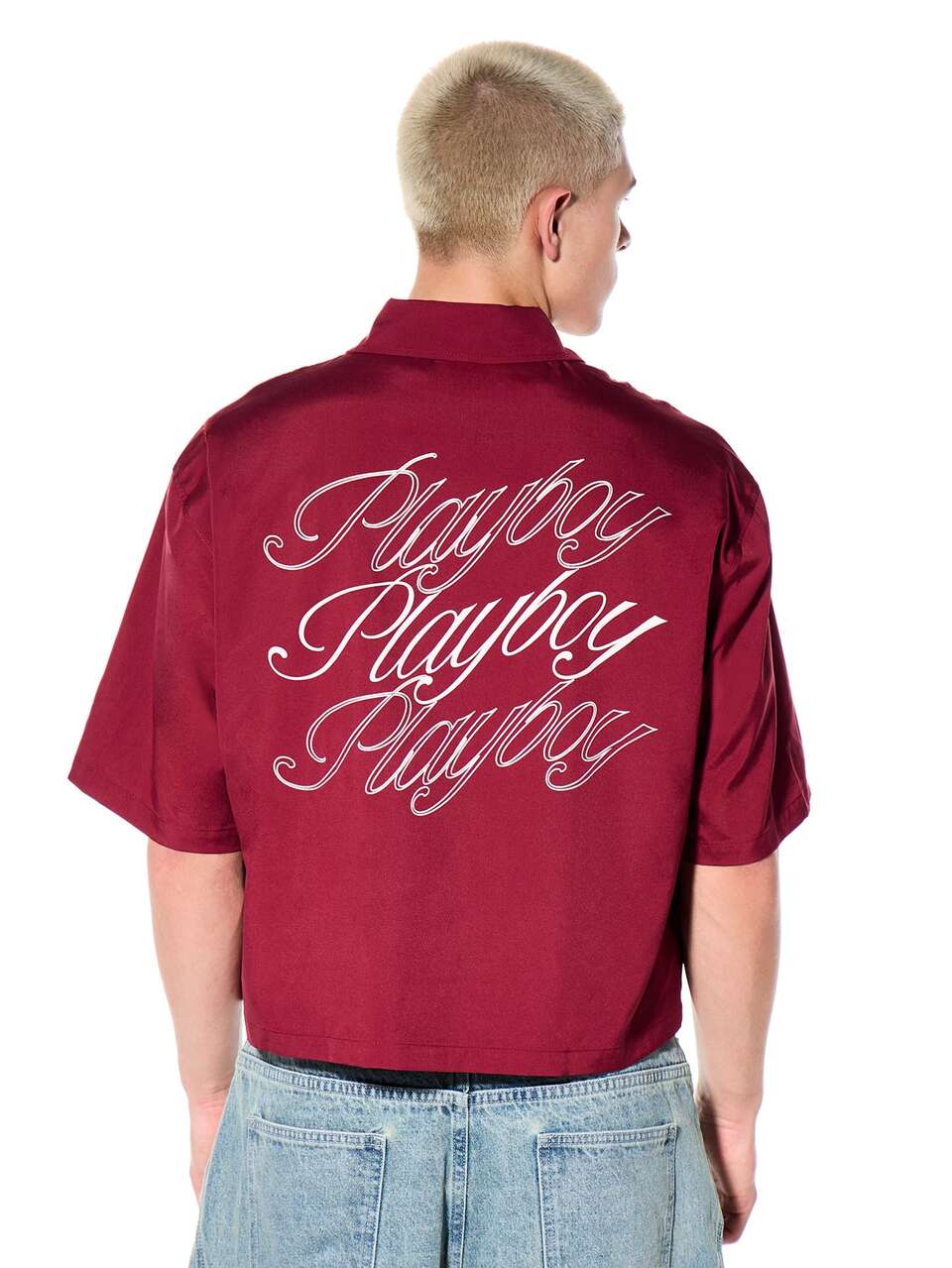 PLAYBOY X SUMWON Collared Short Sleeve Button Down Shirt Logo Crop Fit Burgundy Fashion Casual Summer Top