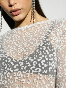 AiiRZ Semi Sheer Leopard Devore Long Sleeve Top Transparent Animal Print Design - White - View 4