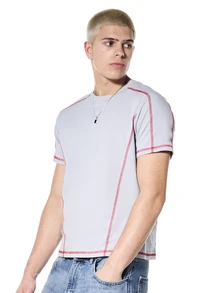 Contrast Topstitch Crew Neck Short Sleeve Cotton T-Shirt Casual Everyday Wear Spring Summer Fashion - Grey - View 2