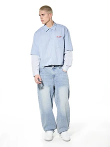 SUMWON Crop Fit Textured Button Down Shirt Double Layered Long Sleeves Striped Pattern Collared Top Business Casual - Baby Blue - View 3