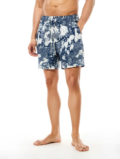 SUMWON Paisley Print Beach Board Shorts Summer Swim Trunks Navy White Drawstring Casual Vacation Holiday Swimwear