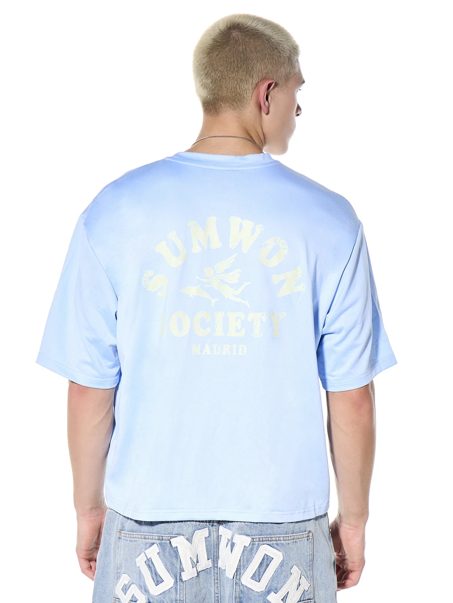 SUMWON Light Blue Oversized Crew Neck Short Sleeve T-Shirt Large Back Print Casual Summer Tee Streetwear Style Daily Wear - Sky Blue - View 1