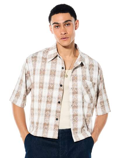 SUMWON Short Sleeve Button Down Plaid Check Shirt Vintage Casual Summer Collared Top Regular Fit Retro Style Vacation Shirt