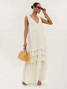 Dancing Leopard Đầm midi chiffon xếp tầng bồng bềnh màu mơ Tula, trang phục mùa hè cho nữ, đầm dự tiệc cưới, đầm đi nghỉ mát, đầm đi du lịch, đầm dự tiệc ngoài trời, đầm hẹn hò, đầm dạ hội, đầm dự tiệc. - Màu be - Xem 3