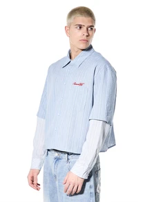 SUMWON Crop Fit Textured Button Down Shirt Double Layered Long Sleeves Striped Pattern Collared Top Business Casual - Baby Blue - View 6