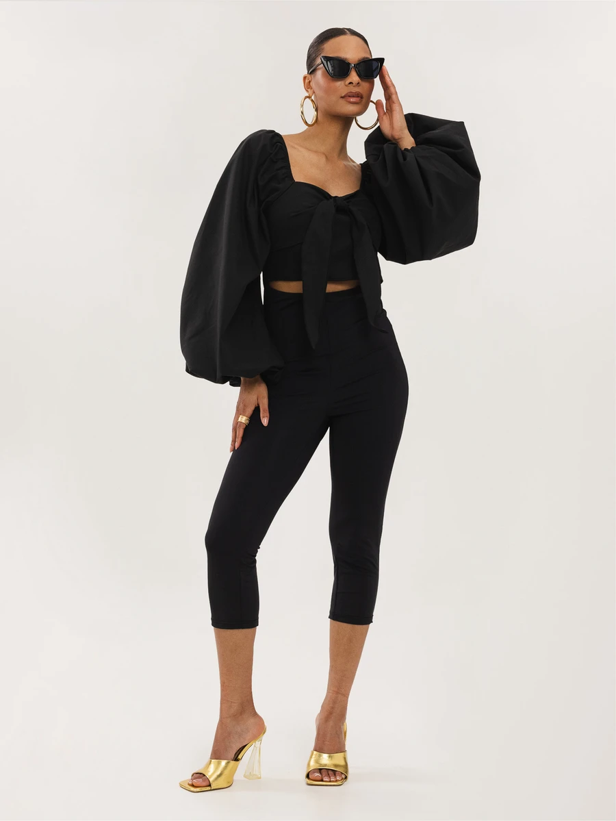 Dancing Leopard Black Puff Sleeve Tie Front Jumpsuit, Special Occasion Wear - Black - View 1