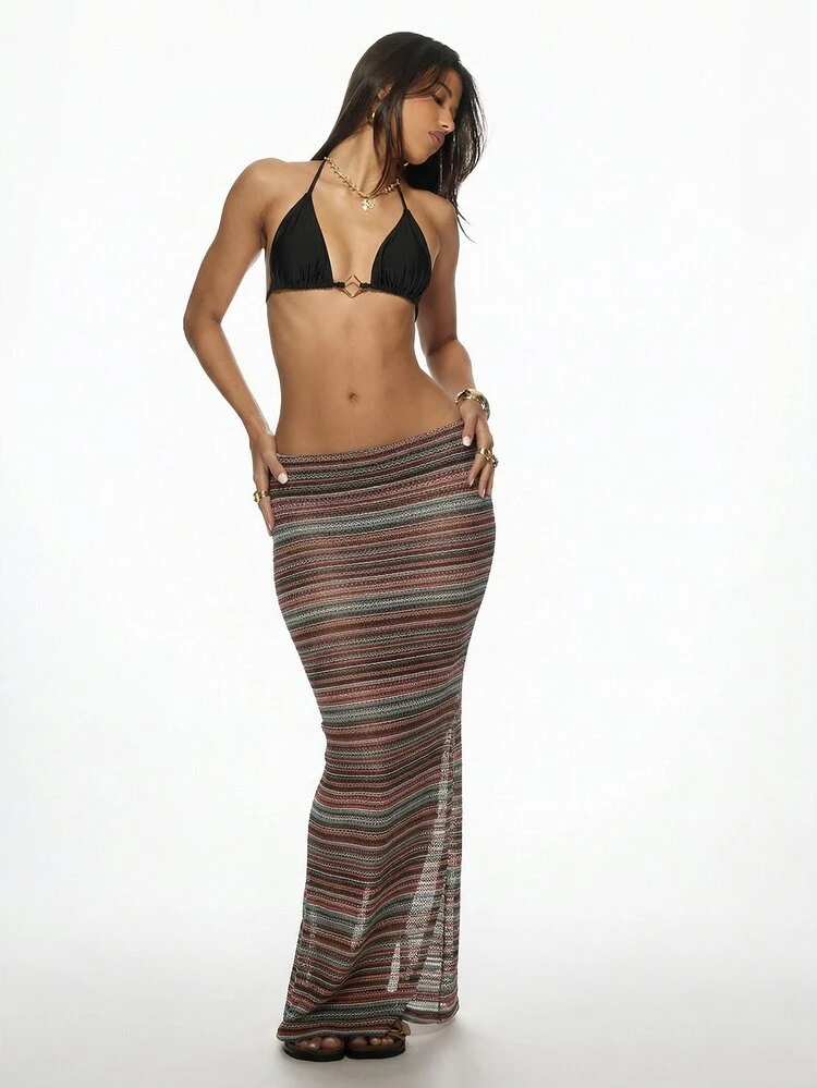 MISSGUIDED Bohemian Striped Crochet Maxi Skirt Long Body Hugging High Waisted Festival Beach Summer Vacation