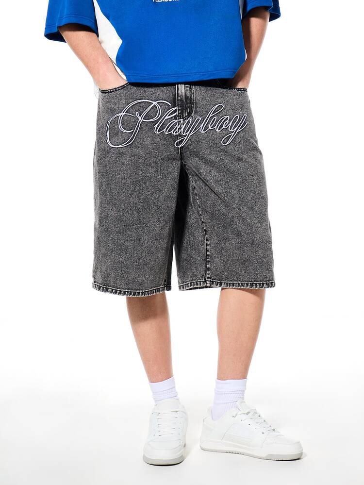 PLAYBOY X SUMWON Enzyme Washed Denim Shorts Embroidered Script Logo Front Rise Graphic Mid Thigh Length Summer Casual Streetwear