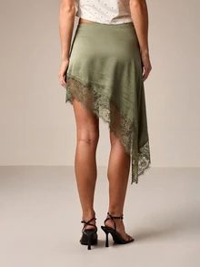 AiiRZ Asymmetric Satin Skirt Lace Trim Detail High Low Hem Midi Length Party Evening Bodycon Fitted Elegant Special Occasion Date Night - Olive Green - View 2