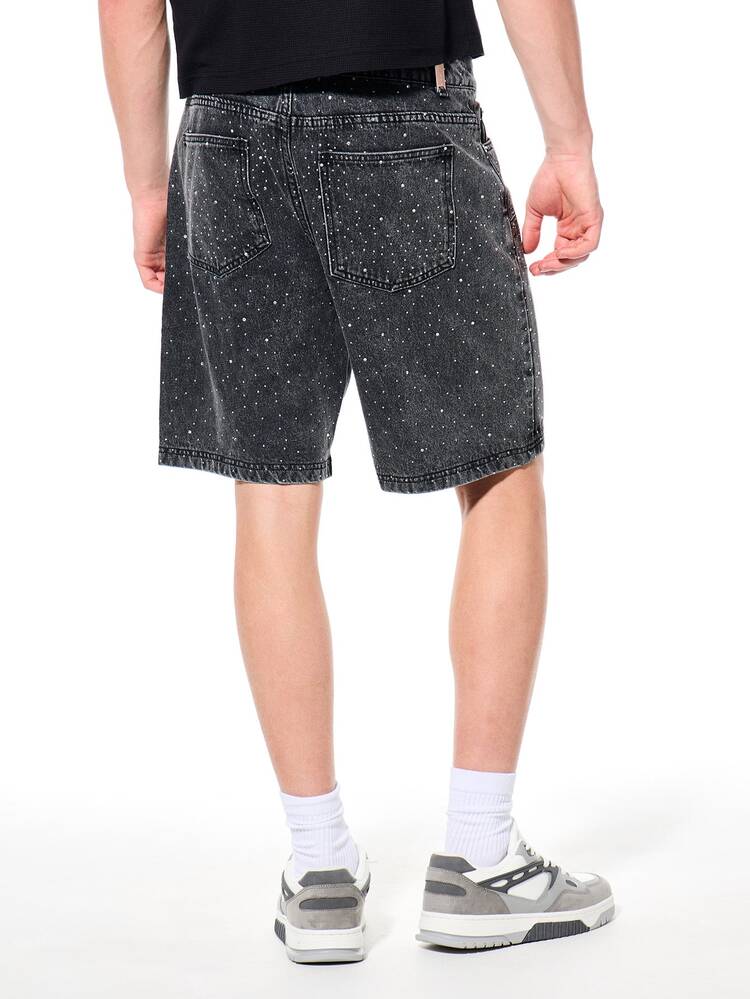 Rhinestone Embellished Carpenter Denim Shorts Cross Studded Details Vintage Wash Summer Festival Streetwear