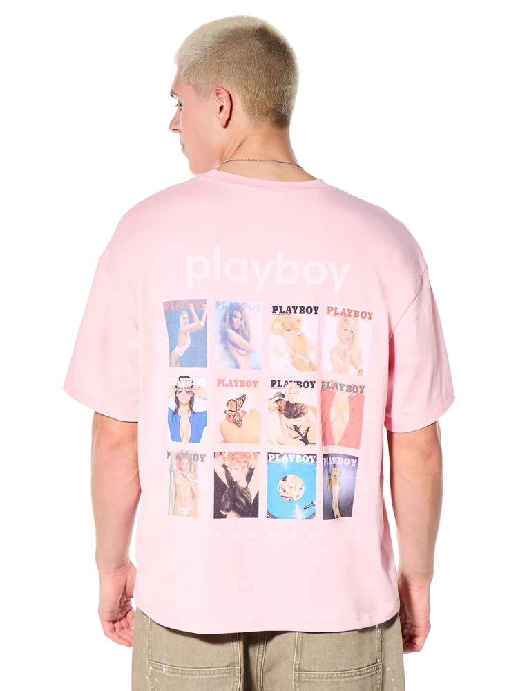 PLAYBOY X SUMWON T-shirt col rond en coton à manches courtes, collection d'imprimés vintage de couvertures de magazines, coupe regular pour homme, couleur rose