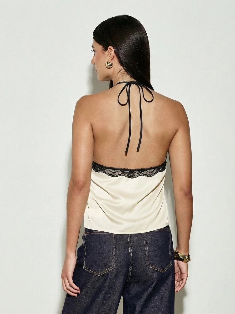 AiiRZ Halter Neck Satin Cami Top Black Lace Trim Detail Backless Summer Evening Tank