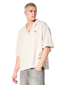 SUMWON Boxy Fit Revere Collar Linen Stripe Polo Shirt Short Sleeve Summer Casual Button Top - Apricot - View 5