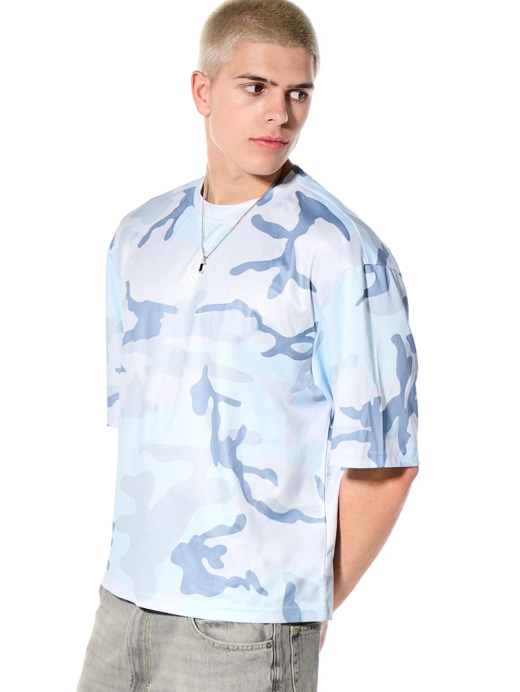 Camiseta de Manga Curta com Gola Careca e Estampa de Camuflagem Azul Oversized, Streetwear de Verão Casual