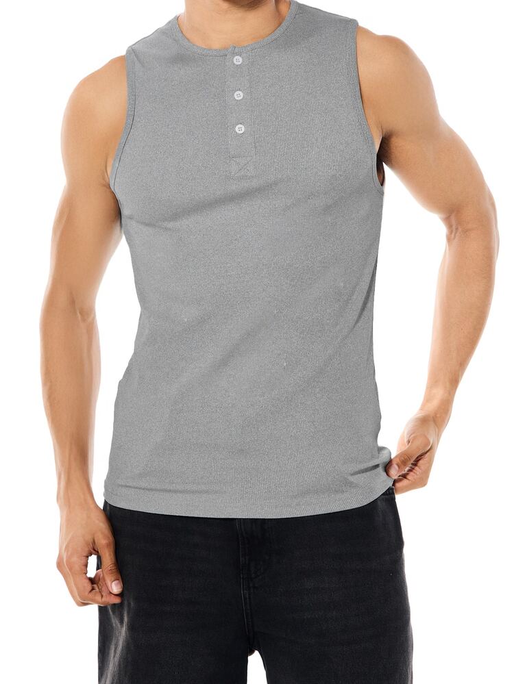 Heather Grey Ribbed Tank Top Button Front Placket Sleeveless Henley Style Casual Summer Top