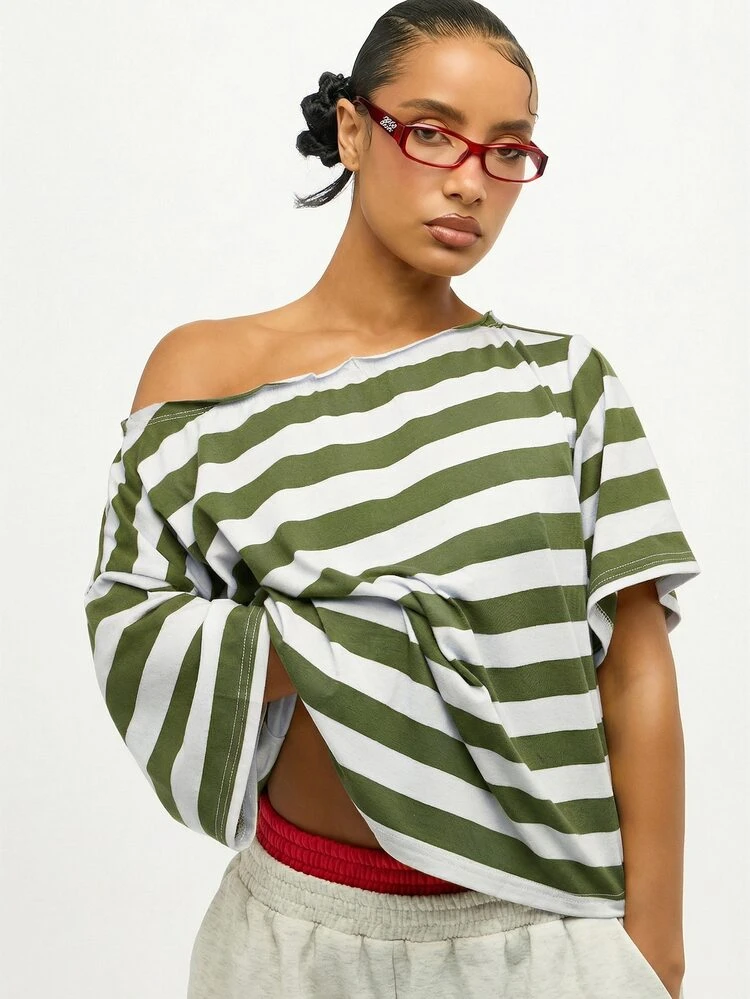 SUMWON WOMEN Camiseta Listrada com Ombros à Mostra, Detalhe de Amarração na Frente, Mangas Curtas, para Uso Casual no Verão, Plus Size