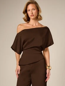 AiiRZ Satin Asymmetric One Shoulder Top Split Side Detail For Elegant Evening Occasions - Brown - View 4