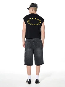 SUMWON Crop Tank Top Golden Star Print Text Design Sleeveless Summer Casual Streetwear Fashion Top - Black - View 6