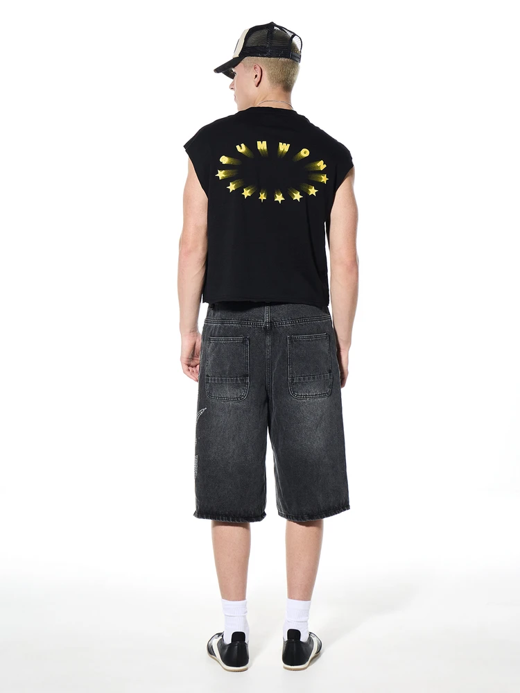 Débardeur court imprimé étoiles dorées avec texte, style décontracté d'été, mode streetwear