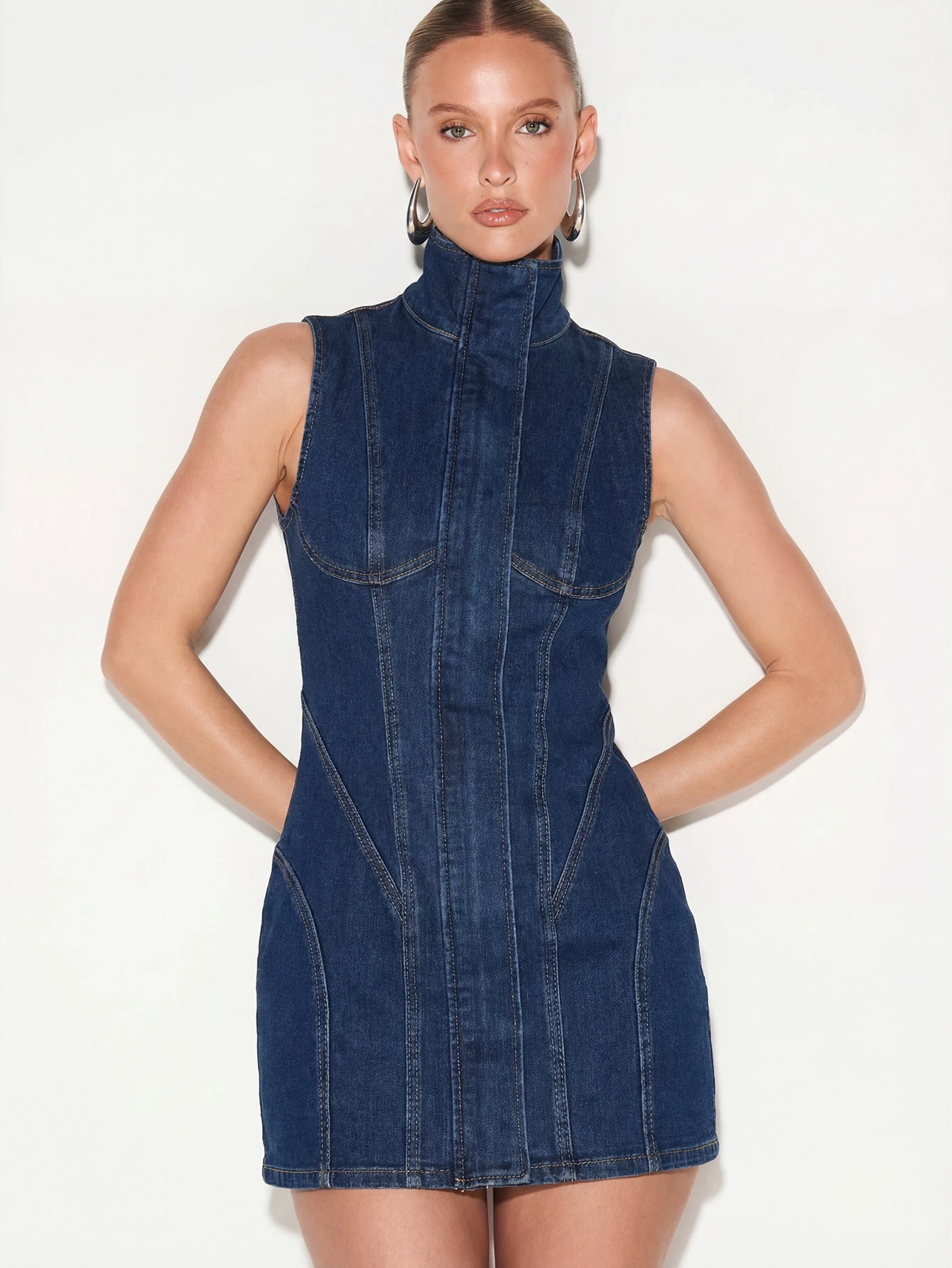 KIZN Sleeveless Funnel Neck Denim Mini Dress