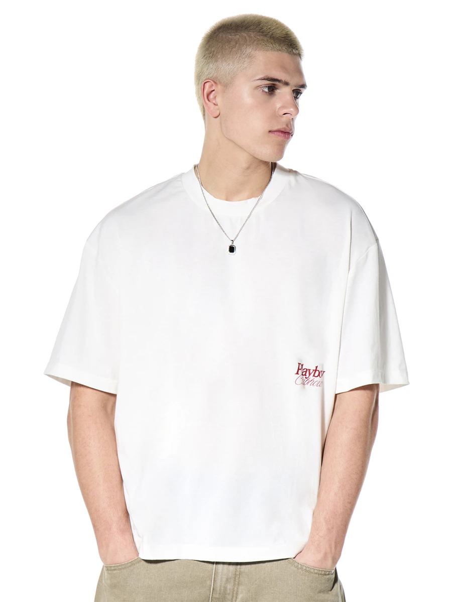 PLAYBOY X SUMWON Áo thun crop top dáng rộng, tay ngắn, in logo trên ngực, phong cách đường phố thường ngày. - trắng - Xem 1