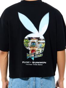 PLAYBOY X SUMWON Áo thun dáng rộng in hình nghệ thuật, cổ tròn, tay ngắn, kiểu dáng thường ngày, phong cách đường phố mùa hè. - màu đen - Xem 5