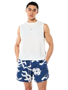 SUMWON Beach Swim Shorts Abstract Wave Print Curved Hem Detail For Summer Swimming Vacation - Navy Blue - View 5