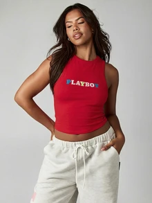 Missguided x Playboy Logo吊带背心，露背设计，休闲夏季穿着 - 紅色 - 查看 4
