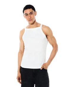 Mens Basic Tank Top Sleeveless Summer Casual Undershirt Ribbed Crew Neck White Vest - White - View 1
