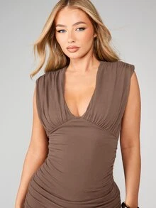 MISSGUIDED Sleeveless V Neck Ruched Mini Dress Empire Waist Bodycon Fit For Date Night Party Occasions - Brown - View 4