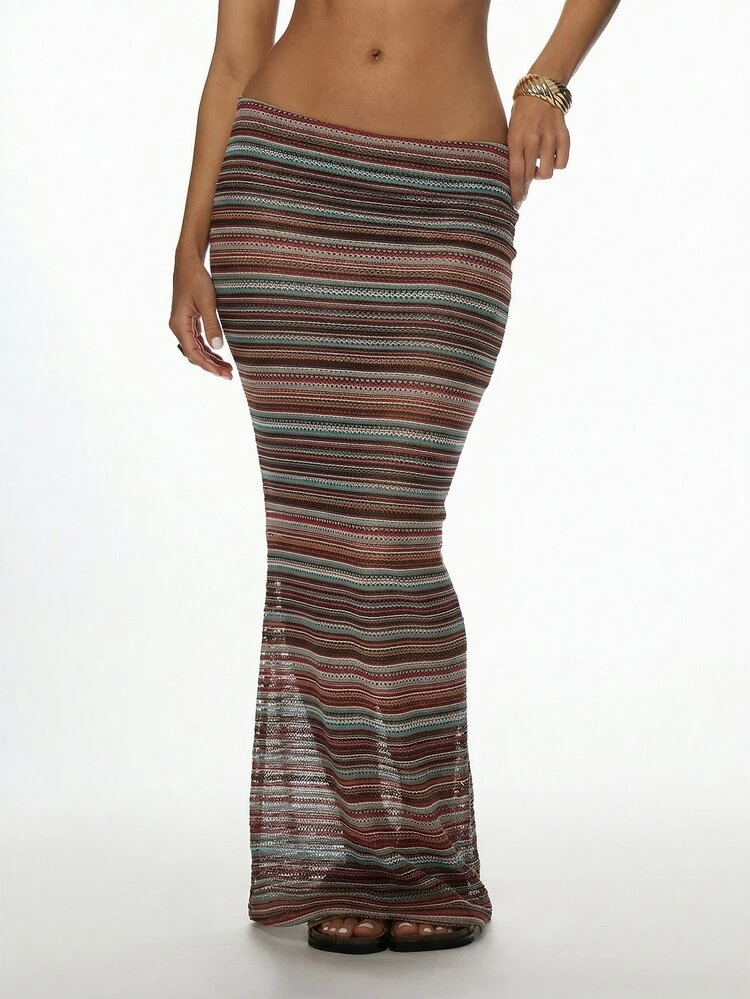 MISSGUIDED Bohemian Striped Crochet Maxi Skirt Long Body Hugging High Waisted Festival Beach Summer Vacation