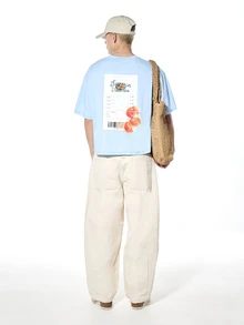 SUMWON Casual Light Blue Box Fit Printed T-Shirt Summer Studios Fresh Orange Peach Graphics Receipt Design Short Sleeve Crew Neck Tee - Sky Blue - View 3