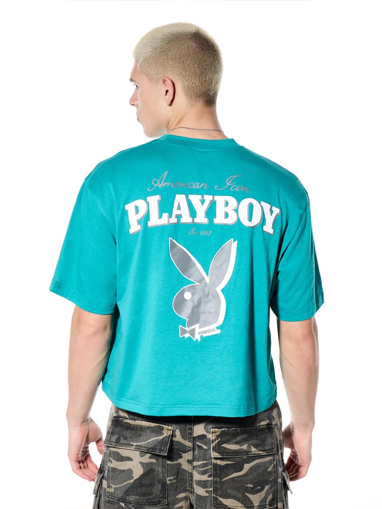 PLAYBOY X SUMWON T-shirt col rond à manches courtes en coton turquoise, coupe ajustée, avec logo lapin. Collection américaine vintage inspirée des vacances