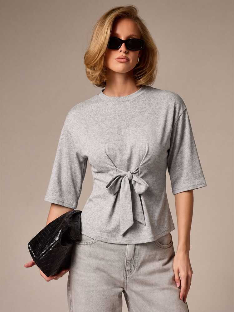 Half Sleeve Tie Front T-Shirt Cinched Waist