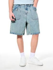 SUMWON Light Wash Denim Jorts Multiple Pockets Relaxed Fit Summer Casual Knee Length Vintage Style Carpenter Detail Shorts - Light Wash - View 1