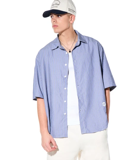 SUMWON Short Sleeve Button Down Shirt Vertical Stripes Classic Collar Regular Fit Summer Casual Business Top