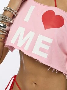 SUMWON WOMEN I Love Me Graphic Off Shoulder Cropped Top Short Sleeve Casual Valentine Statement Tee Fashion Spring Summer - Baby Pink - View 6